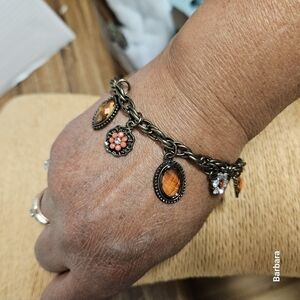 Amber Beads and Floral Rhinestones Toggle Bracelet